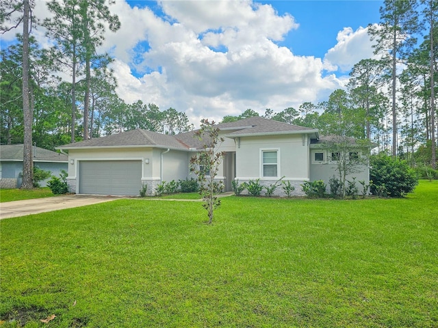 single story home with a front lawn and a garage