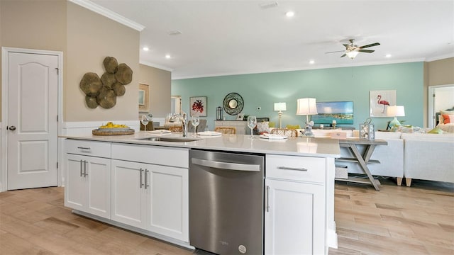 kitchen with light hardwood / wood-style floors, dishwasher, ceiling fan, and white cabinets