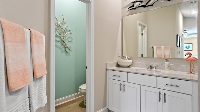 bathroom with wood-type flooring, vanity, and toilet