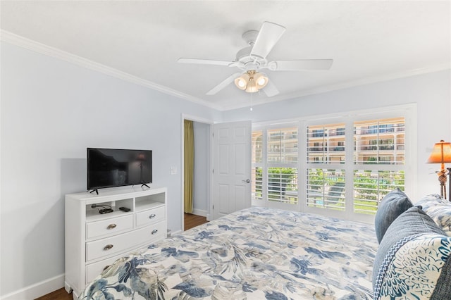 bedroom with ceiling fan, crown molding, and dark wood-type flooring