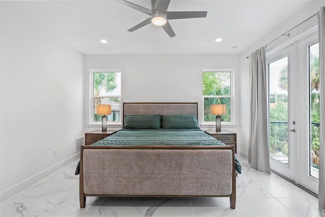 bedroom featuring ceiling fan and access to outside