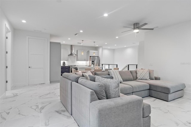 living room with ceiling fan