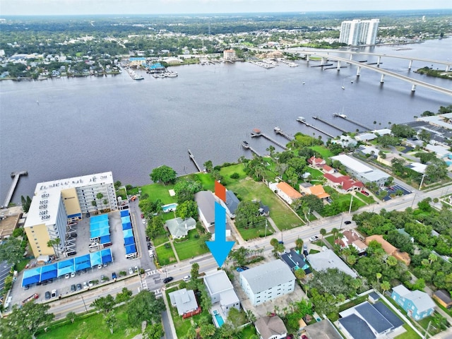 bird's eye view with a water view