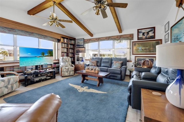 living room with vaulted ceiling with beams, ceiling fan, and light tile patterned floors