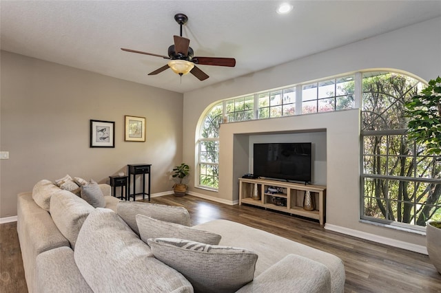 living room featuring a healthy amount of sunlight, dark hardwood / wood-style floors, and ceiling fan