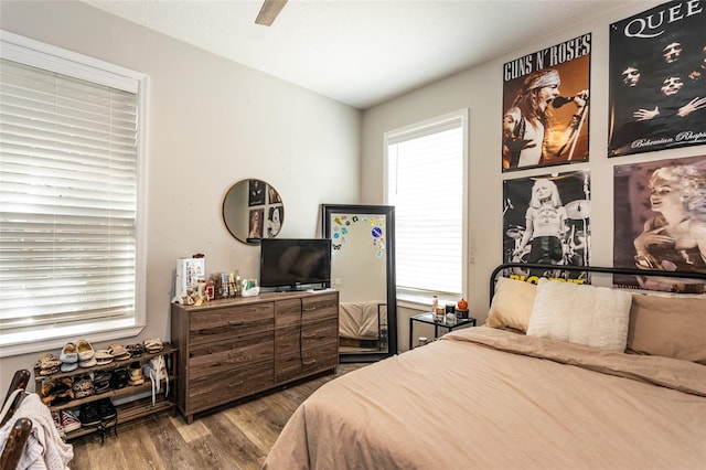 bedroom with ceiling fan and hardwood / wood-style flooring