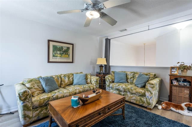 living room featuring hardwood / wood-style floors, a textured ceiling, and ceiling fan