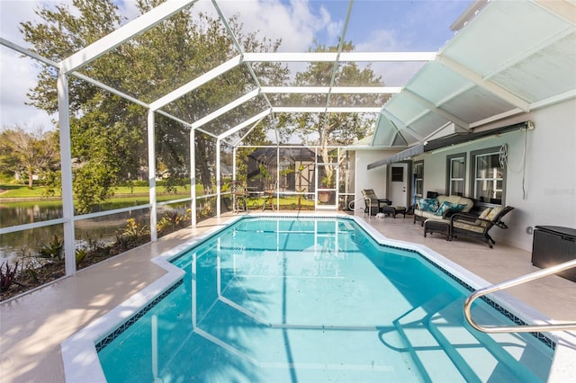 view of swimming pool featuring a patio area, glass enclosure, and outdoor lounge area