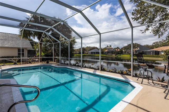 view of swimming pool featuring a patio, a water view, and a lanai