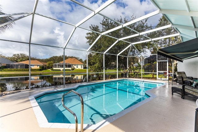 view of swimming pool with a patio area, a water view, and glass enclosure