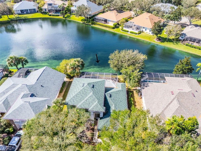 aerial view featuring a water view