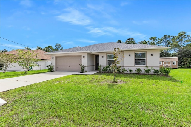 ranch-style house featuring a front lawn and a garage