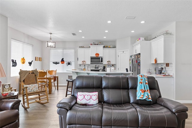 living room with light wood-type flooring and a textured ceiling