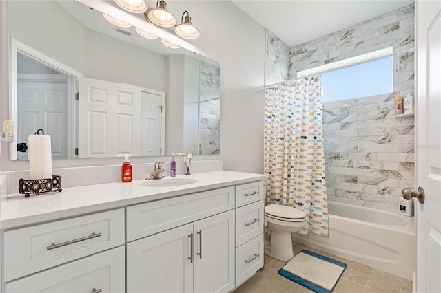 full bathroom featuring shower / tub combo, tile patterned floors, vanity, and toilet