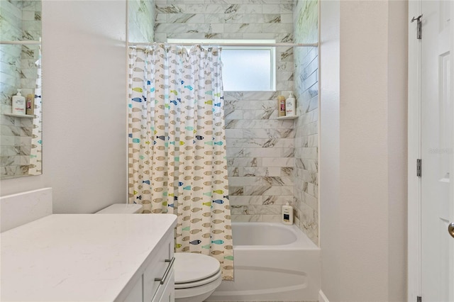 full bathroom featuring vanity, toilet, and shower / bath combination with curtain