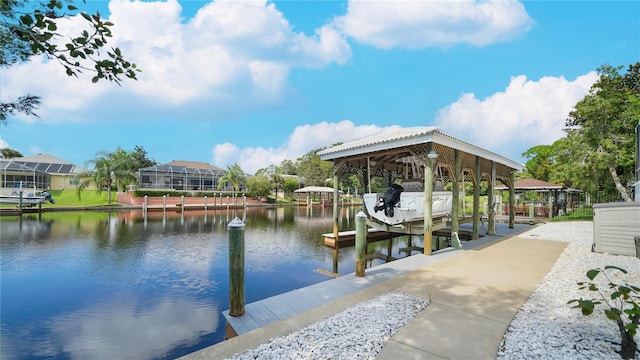 view of dock featuring a lanai and a water view