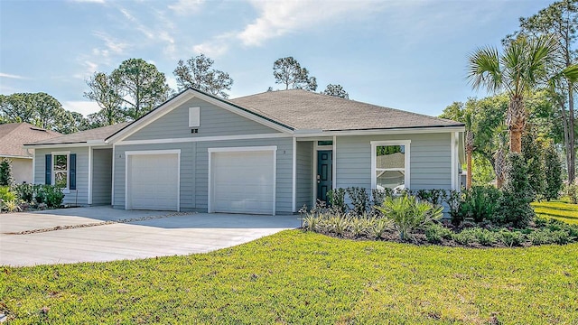 ranch-style house with a garage and a front lawn