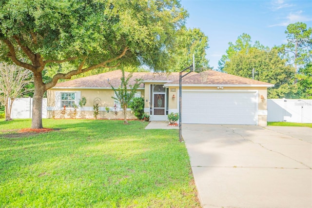 ranch-style house featuring a front yard and a garage