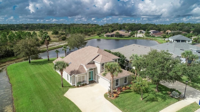 bird's eye view with a water view