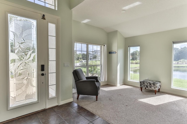 foyer featuring dark tile patterned flooring, a water view, and lofted ceiling