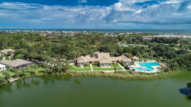 aerial view featuring a water view