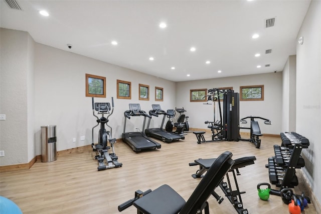 exercise room featuring light hardwood / wood-style floors