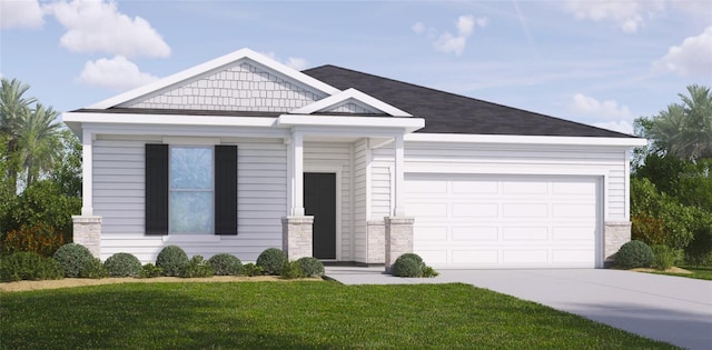 view of front of home with a garage and a front lawn