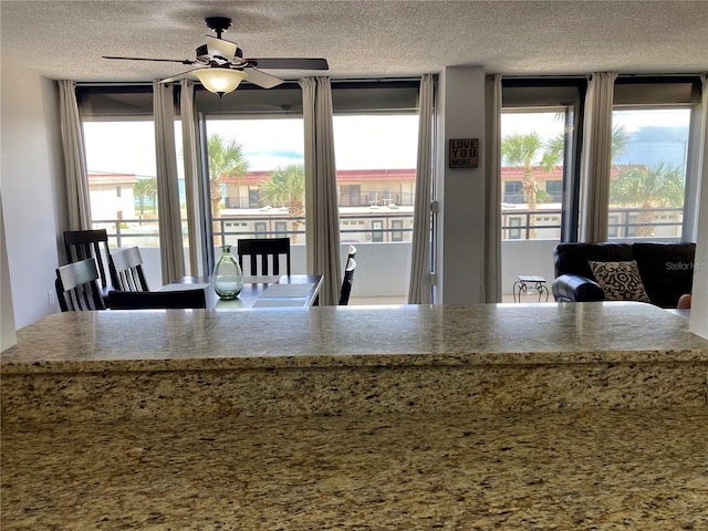 kitchen featuring a textured ceiling, light stone countertops, and plenty of natural light