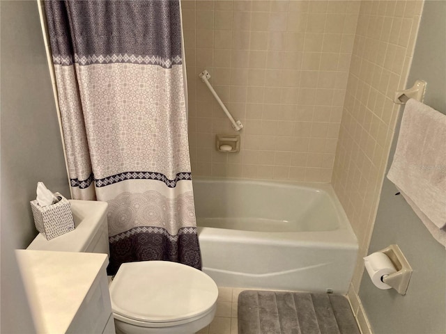 full bathroom with vanity, tile patterned flooring, toilet, and shower / bathtub combination with curtain