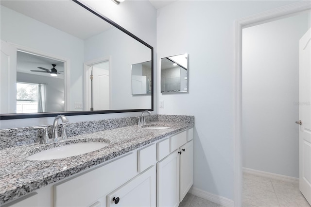 bathroom with ceiling fan, vanity, and tile patterned floors