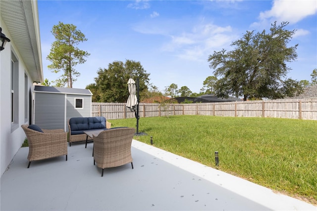 view of patio / terrace featuring a storage unit and an outdoor hangout area