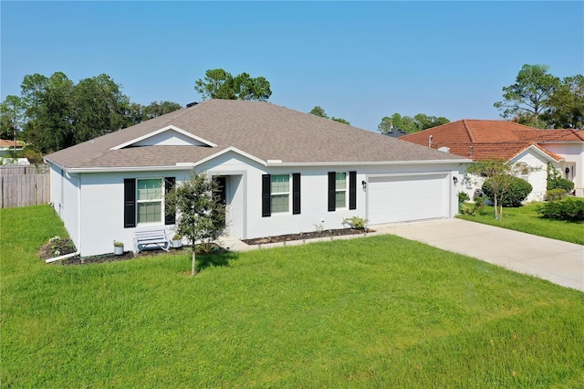 ranch-style house featuring a front yard and a garage