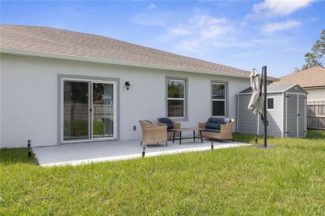 back of property featuring a patio, a shed, outdoor lounge area, and a yard