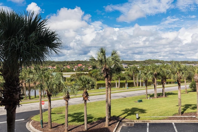 view of property's community featuring a water view and a lawn