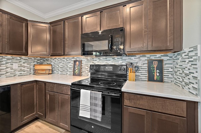 kitchen with tasteful backsplash, dark brown cabinetry, crown molding, and black appliances