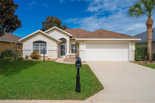 ranch-style home featuring a garage and a front yard