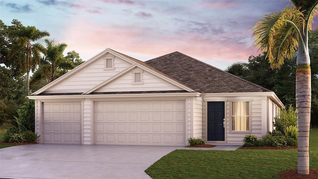 view of front of property featuring a garage and a lawn