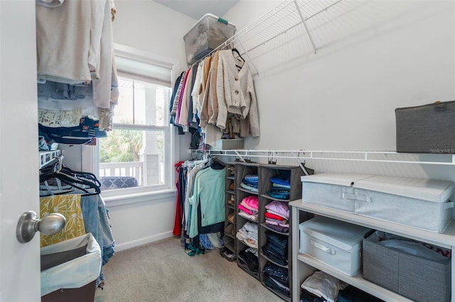 walk in closet featuring light carpet