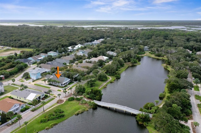 bird's eye view with a water view