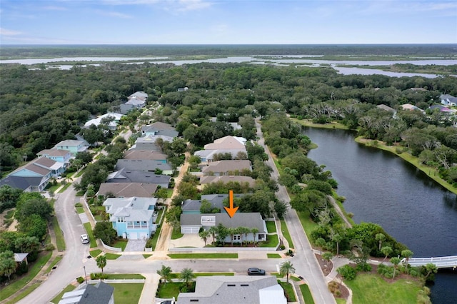 drone / aerial view featuring a water view