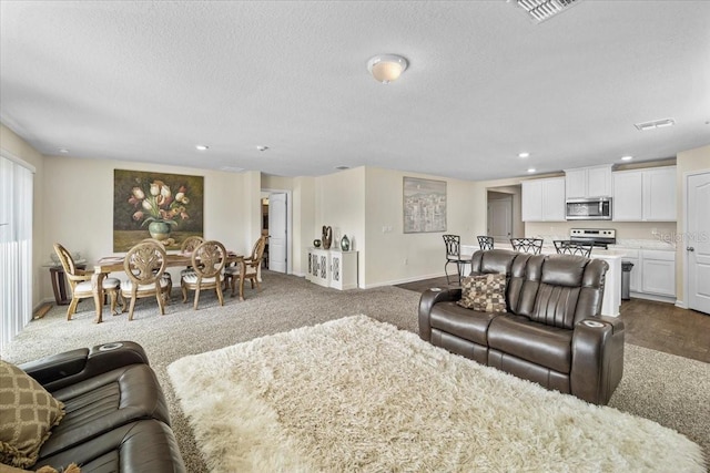 living room featuring carpet flooring and a textured ceiling