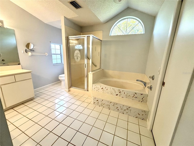 full bathroom featuring lofted ceiling, shower with separate bathtub, a textured ceiling, toilet, and vanity