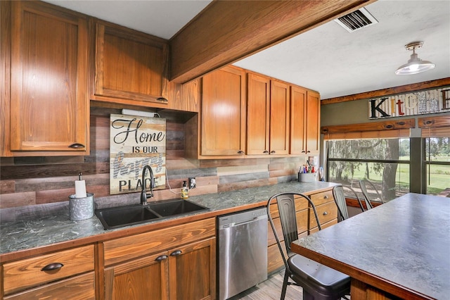 kitchen with decorative backsplash, light wood-type flooring, stainless steel dishwasher, and sink