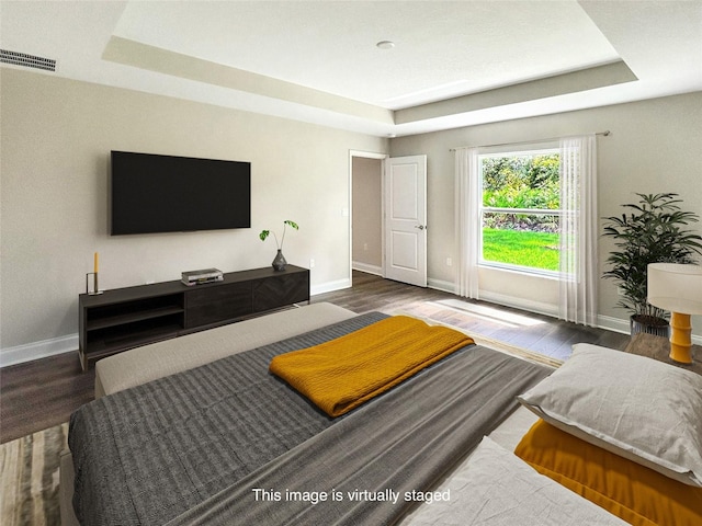 interior space featuring a tray ceiling and dark wood-type flooring