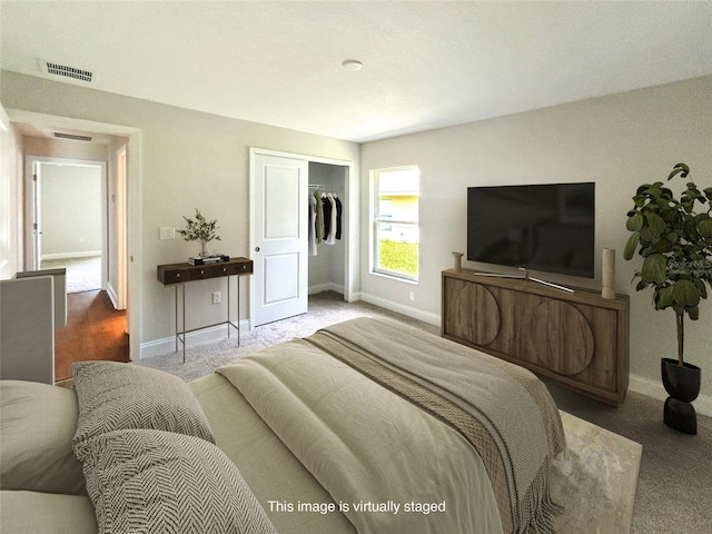 carpeted bedroom with a spacious closet and a closet