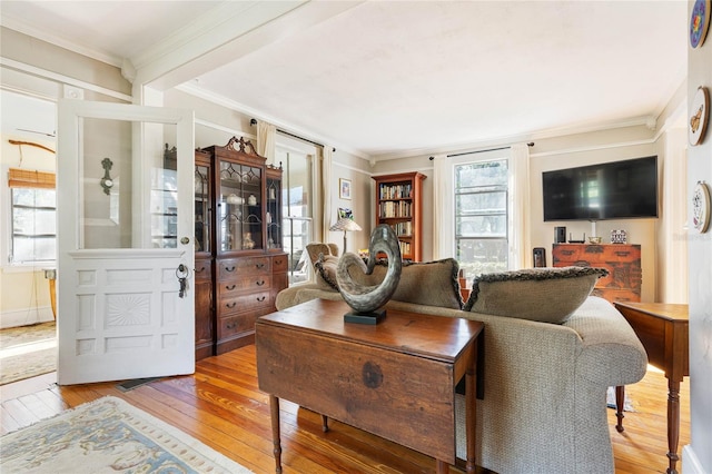 living room featuring ornamental molding, wood-type flooring, and plenty of natural light