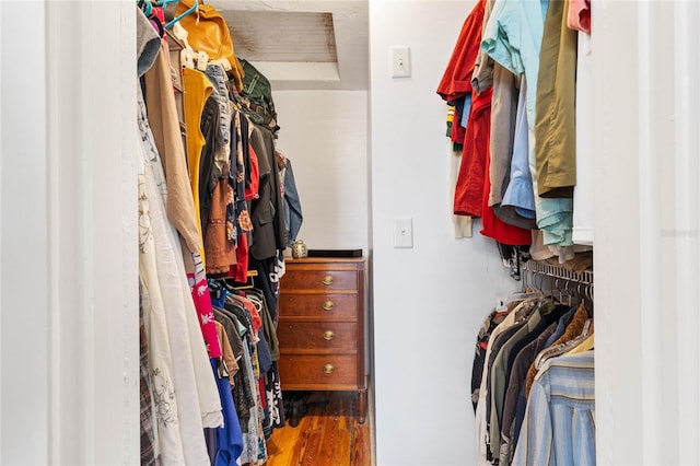 walk in closet with hardwood / wood-style floors