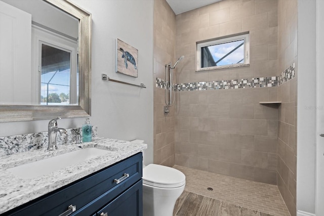 bathroom featuring vanity, toilet, a tile shower, and plenty of natural light