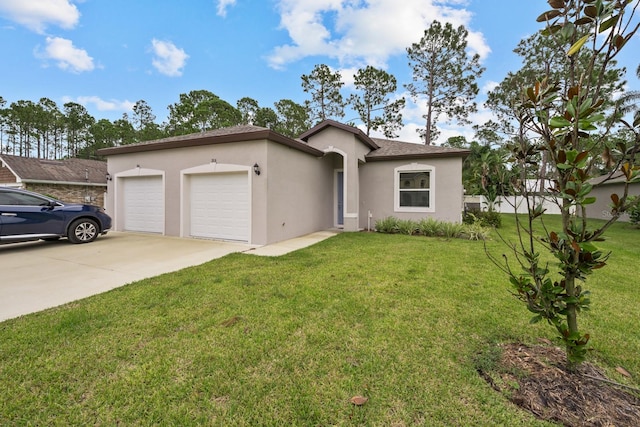 ranch-style home with a garage and a front lawn