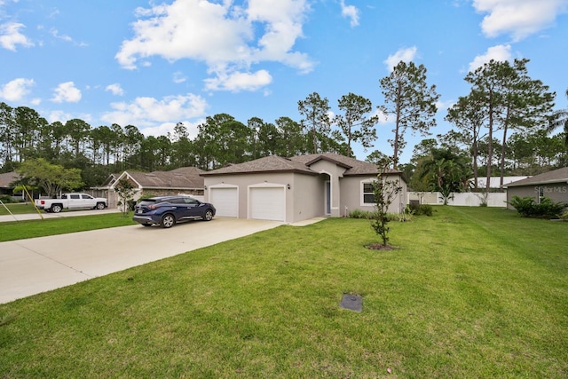 single story home featuring a garage and a front lawn